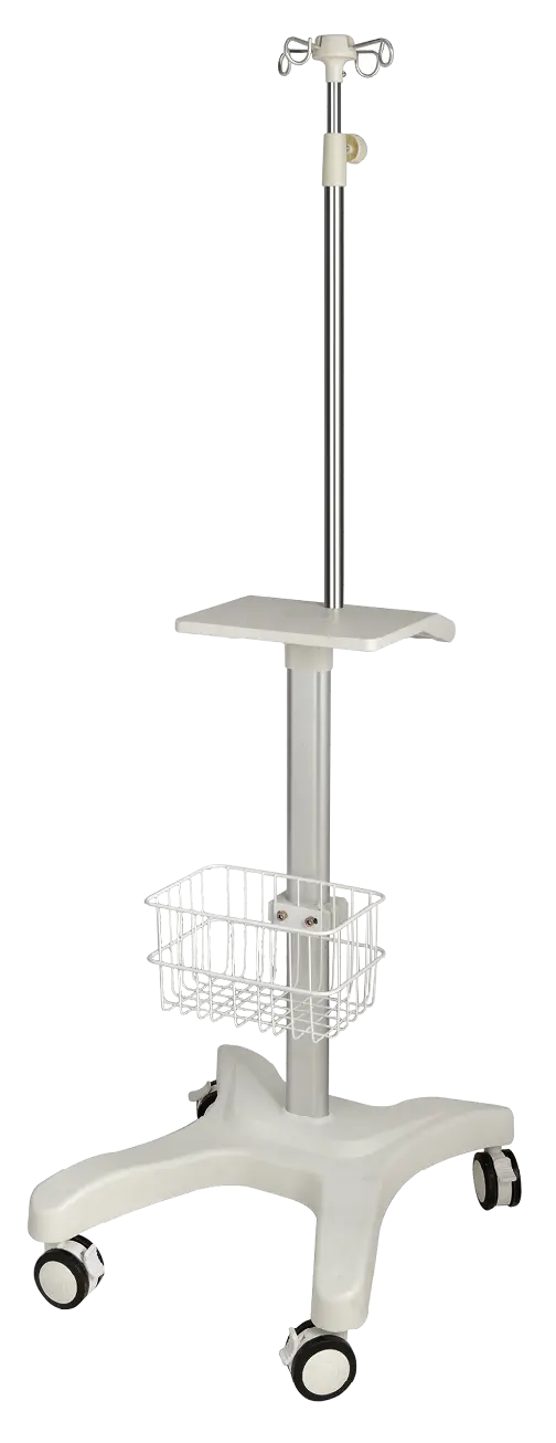 ISS 032 - infuzní stojan s 4mi kolečky, odkládacím stolkem a košem, bílý